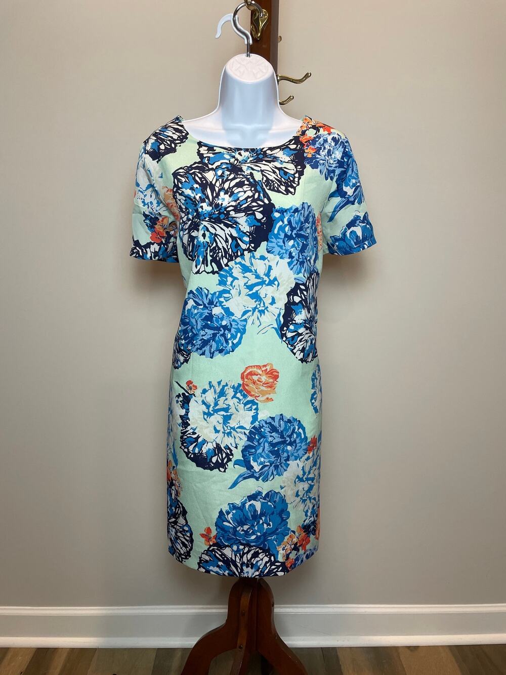 J.Crew Hydrangea Medallion Short Sleeve Shift Dress Size 14 Mint Blue
